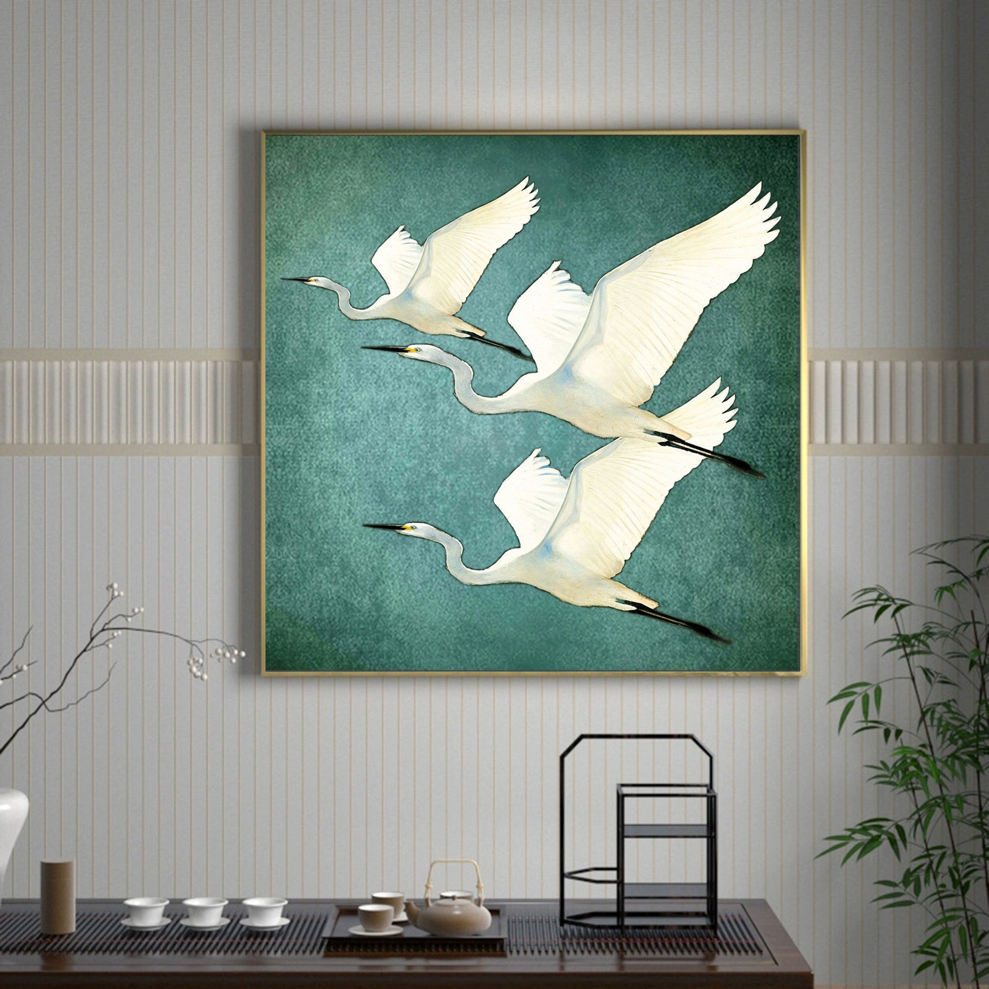 Hand Painted White Egret Birds Teal Artwork – Serene Nature Teal Textured Minimalist Wall Art