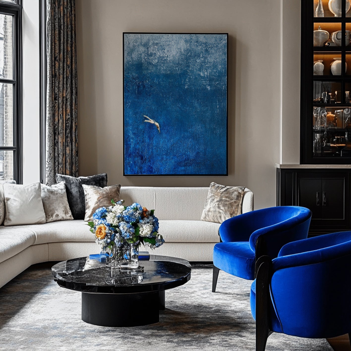 “Dive into the Blue" Original Hand-Painted Diver Minimalist Painting - Textured Deep Blue Abstract Wall Art