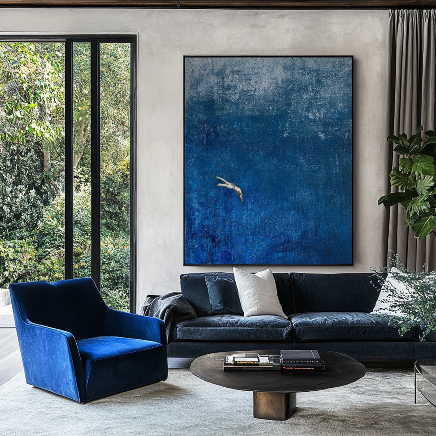 “Dive into the Blue" Original Hand-Painted Diver Minimalist Painting - Textured Deep Blue Abstract Wall Art
