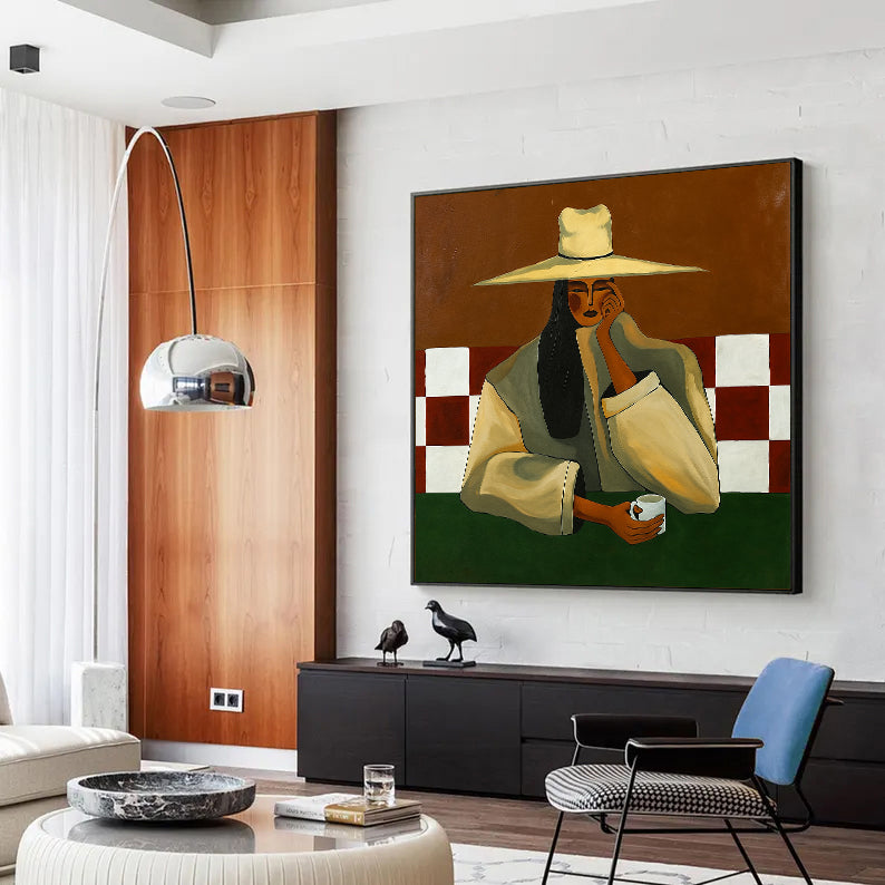 Original Modern Female Portrait Painting - Elegant Woman and Coffee Abstract Wall Art