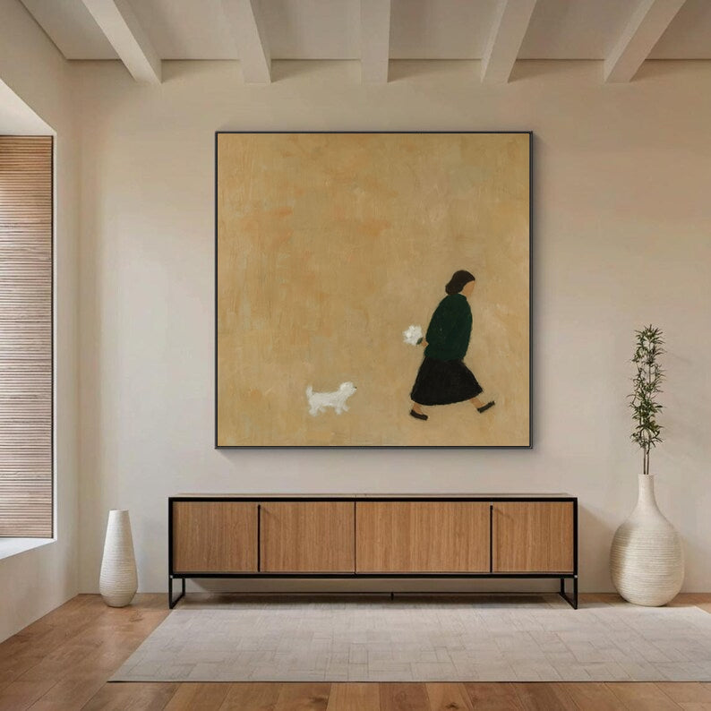 Mama & Puppy -- Modern Neutral Toned Minimalist People & Animal Art