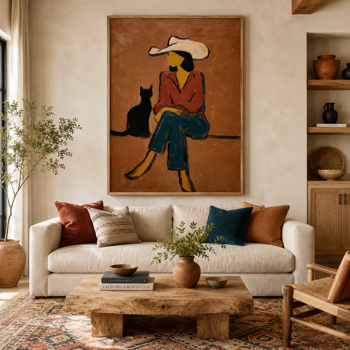 Cowgirl with Black Cat Painting Love Pet