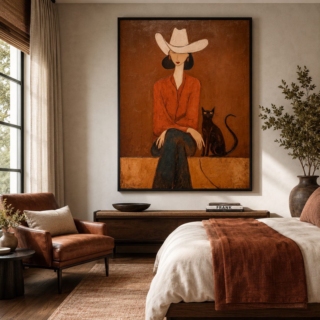 Cowgirl with Black Cat Painting