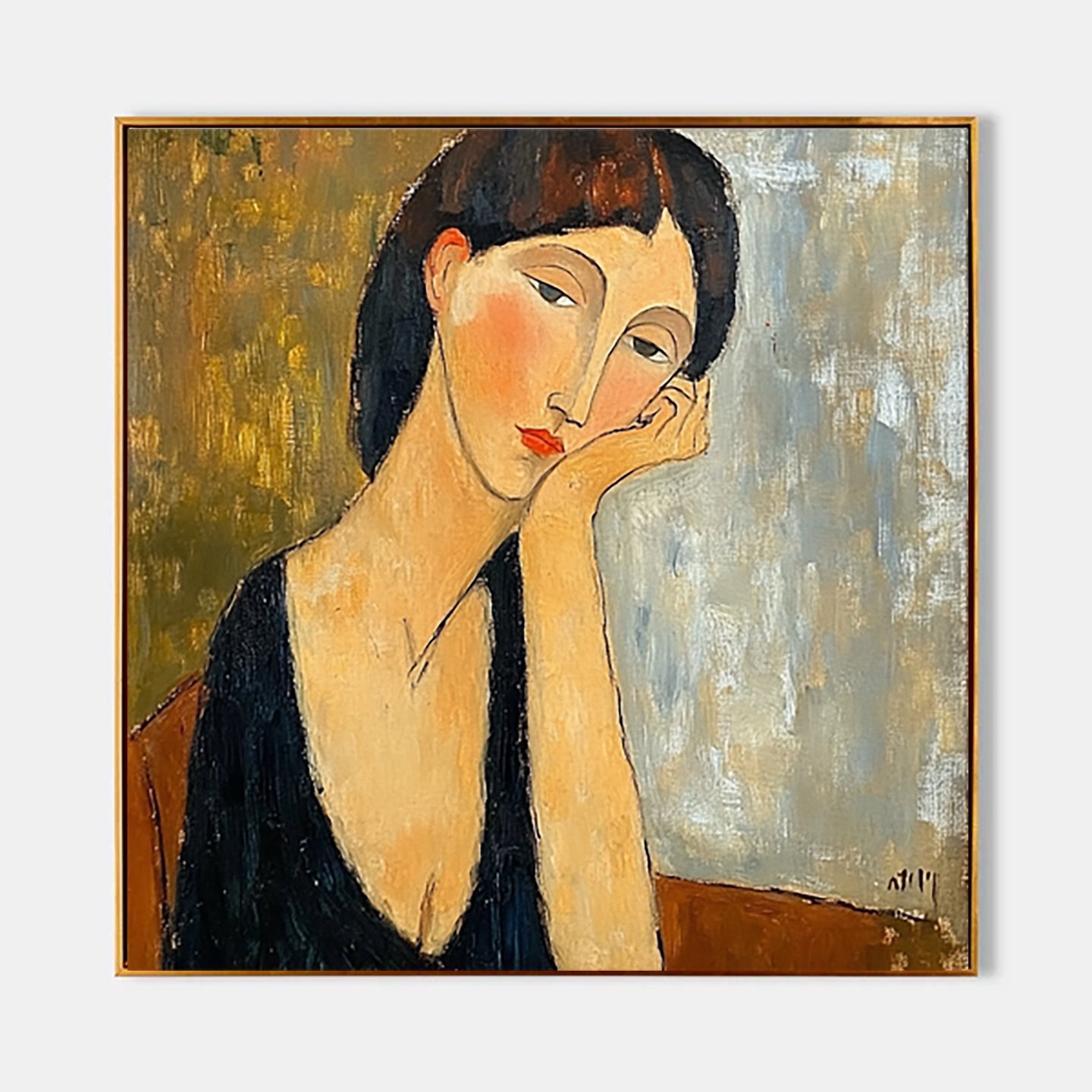 "The Pensive Muse" Original Portrait Oil Painting - Modigliani Style Hand-Painted Woman Wall Art