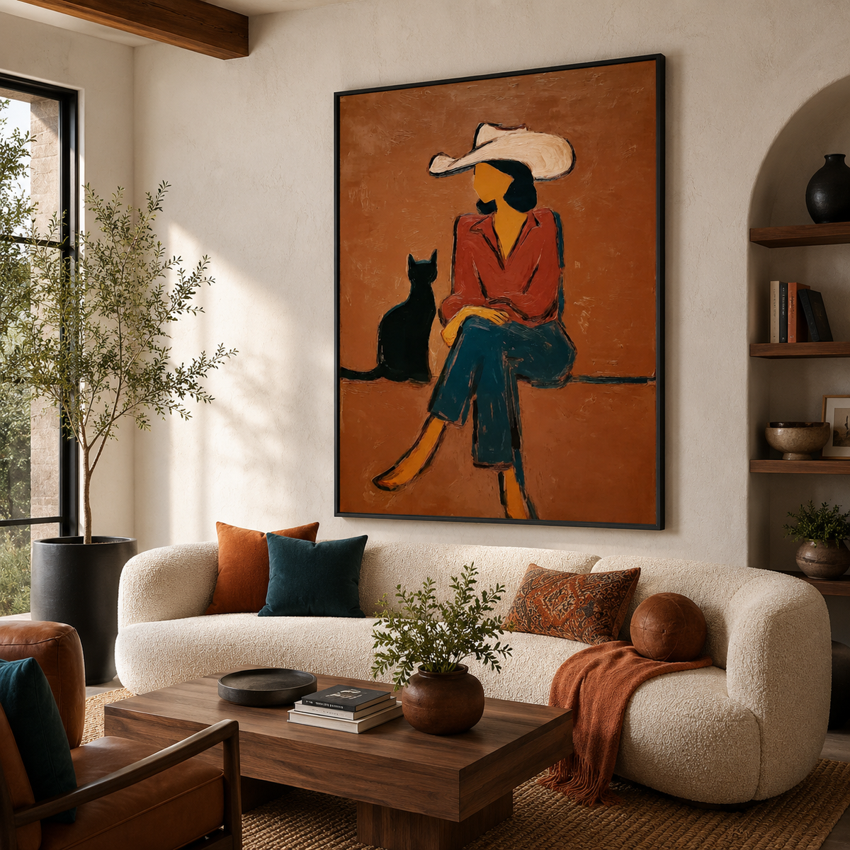 Cowgirl with Black Cat Painting Love Pet