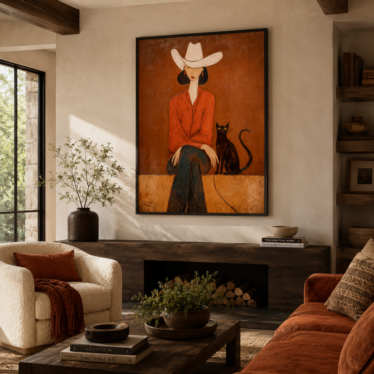 Cowgirl with Black Cat Painting