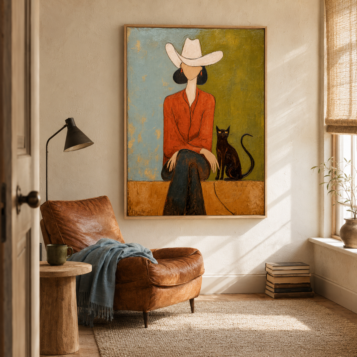 White Hat Cowgirl with Black Cat Painting