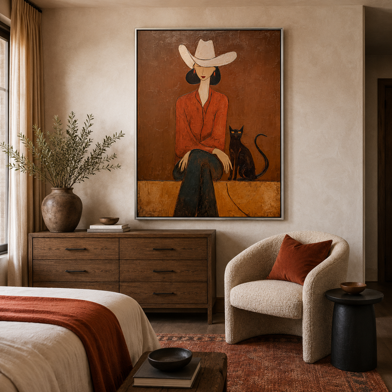 Cowgirl with Black Cat Painting