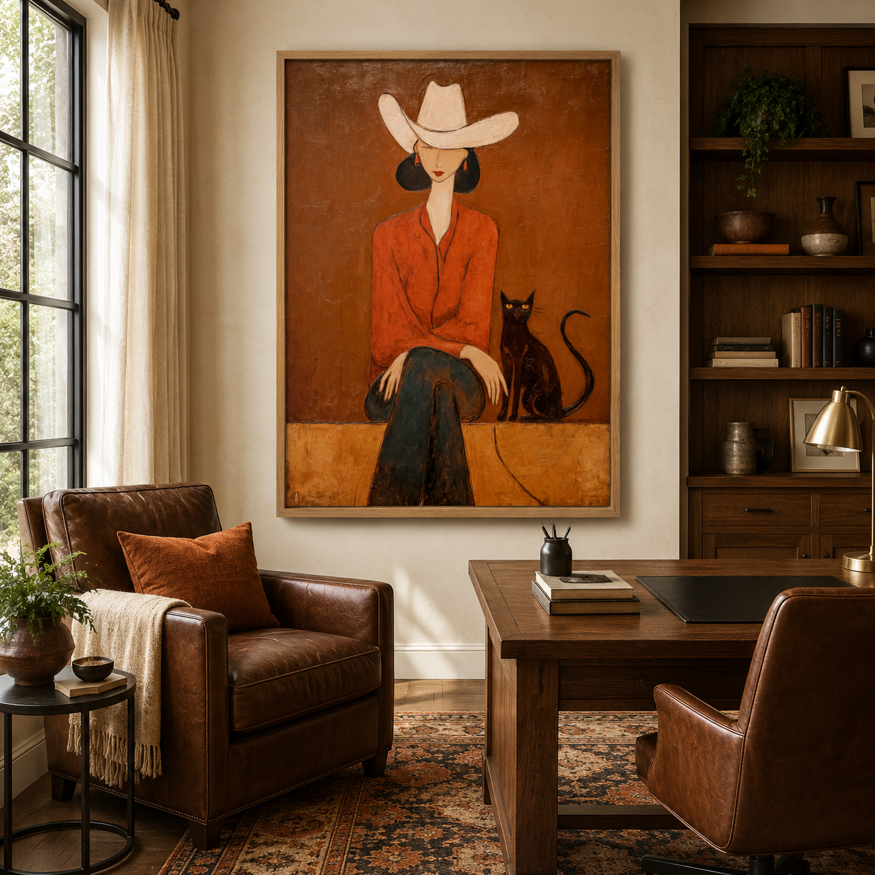 Cowgirl with Black Cat Painting