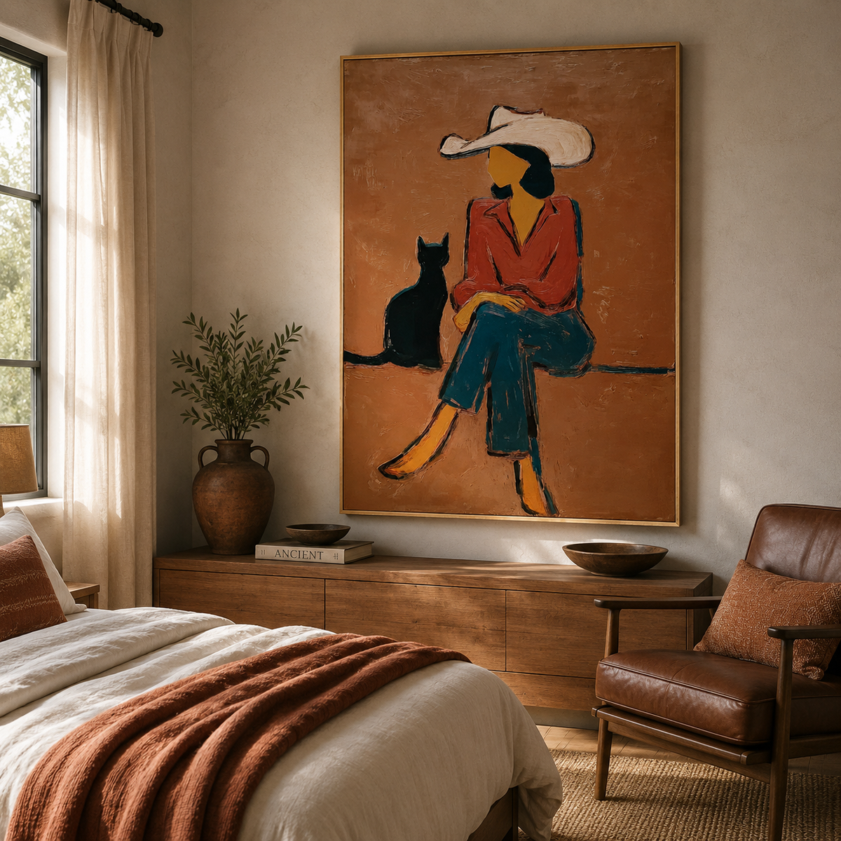 Cowgirl with Black Cat Painting Love Pet