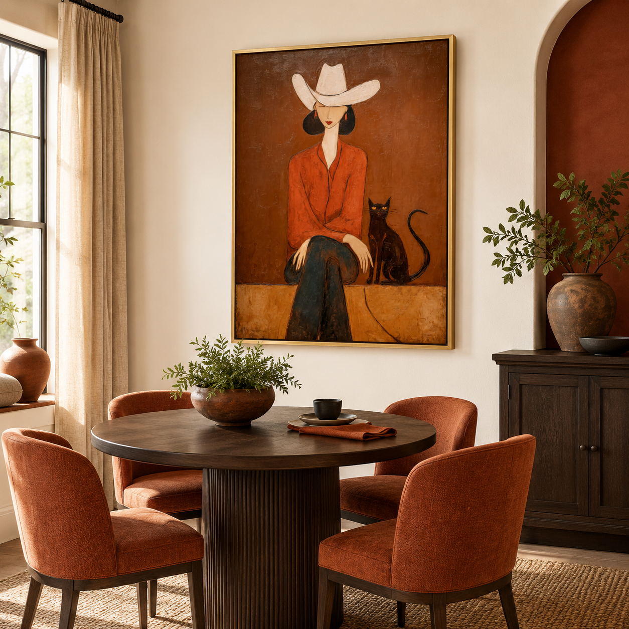 Cowgirl with Black Cat Painting