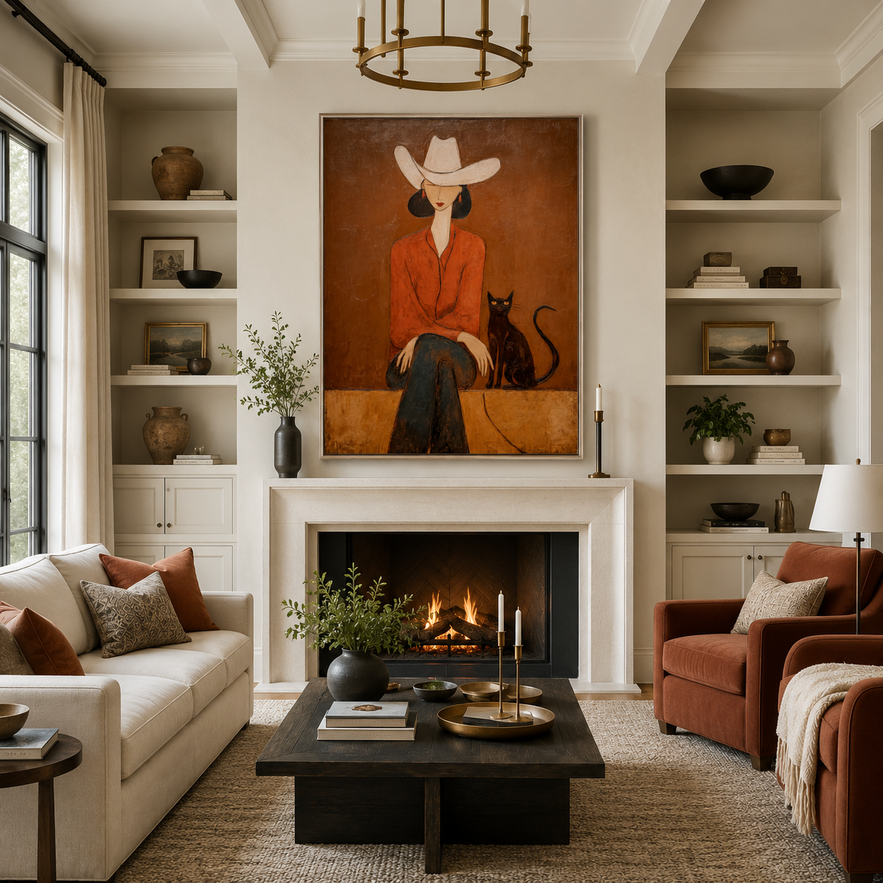 Cowgirl with Black Cat Painting