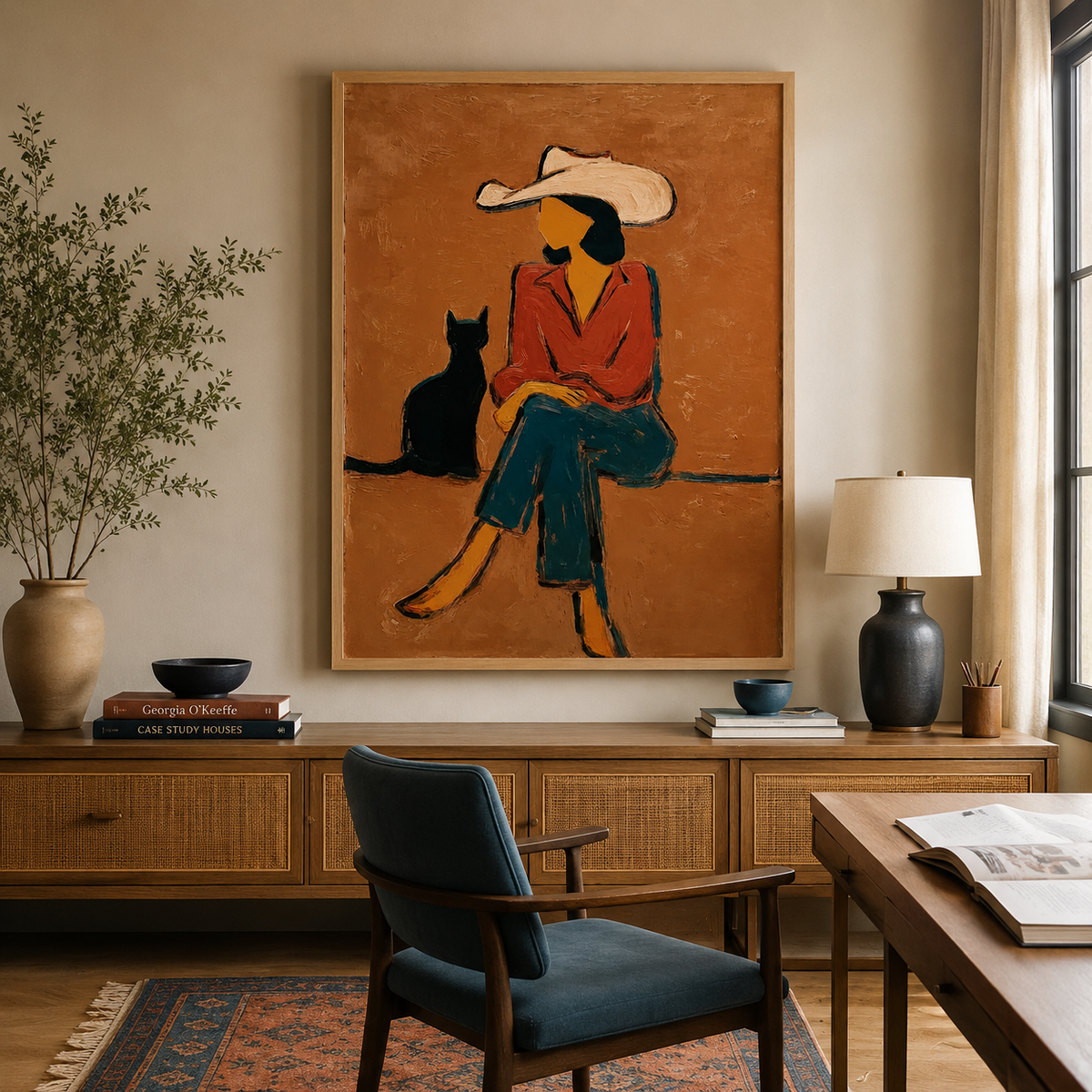 Cowgirl with Black Cat Painting Love Pet