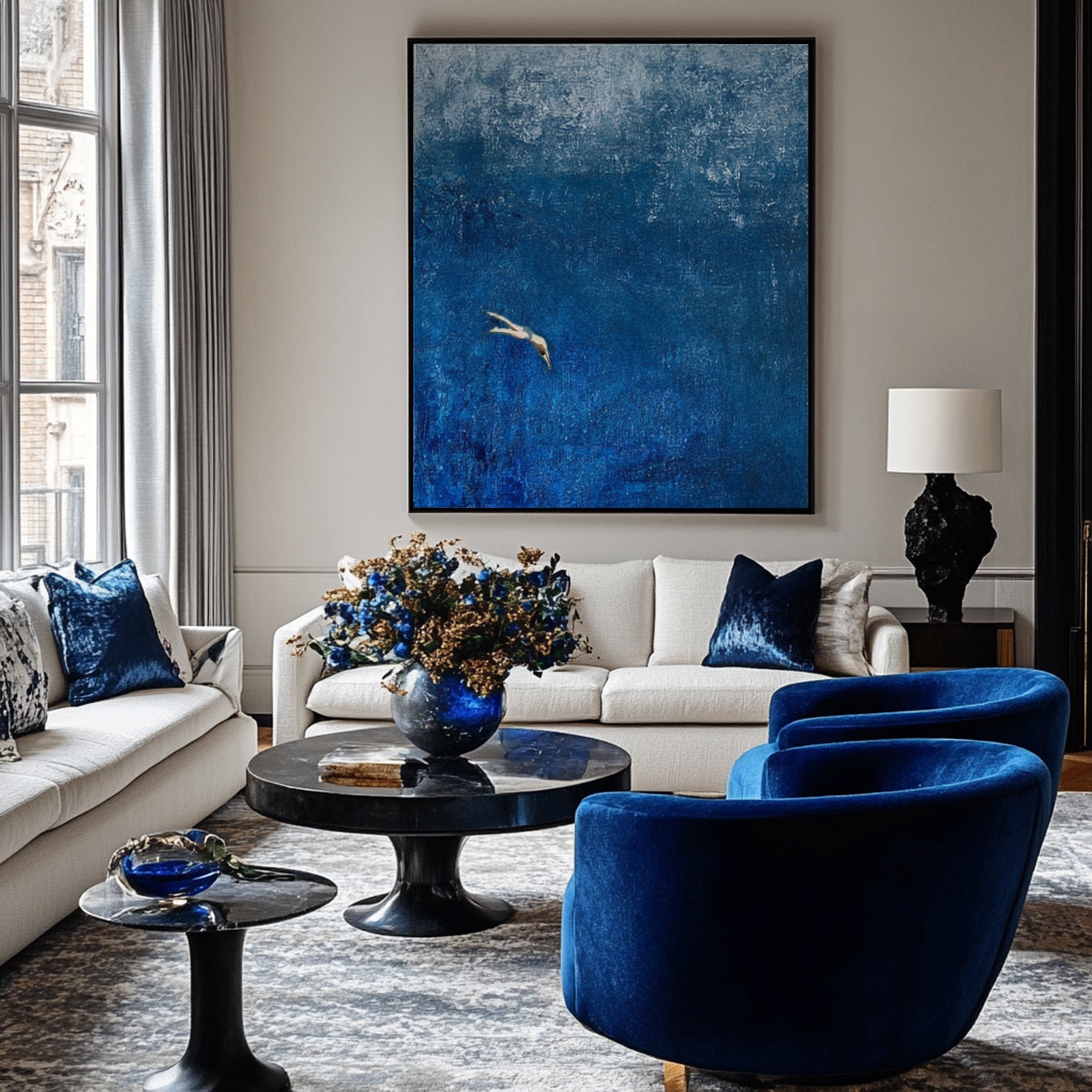 “Dive into the Blue" Original Hand-Painted Diver Minimalist Painting - Textured Deep Blue Abstract Wall Art