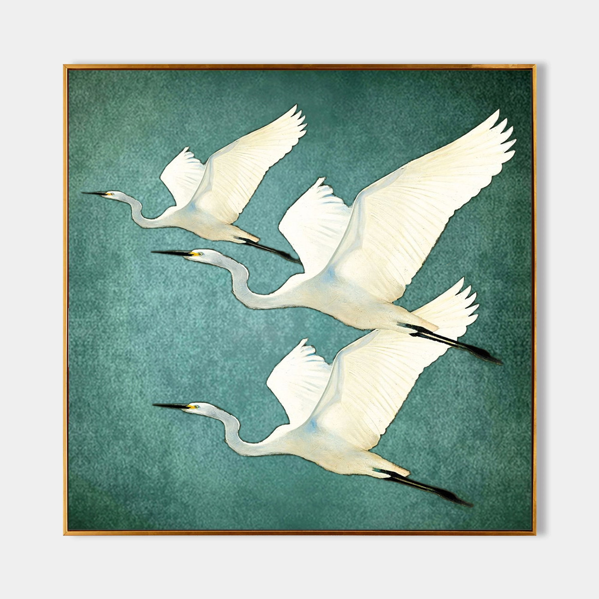 Hand Painted White Egret Birds Teal Artwork – Serene Nature Teal Textured Minimalist Wall Art