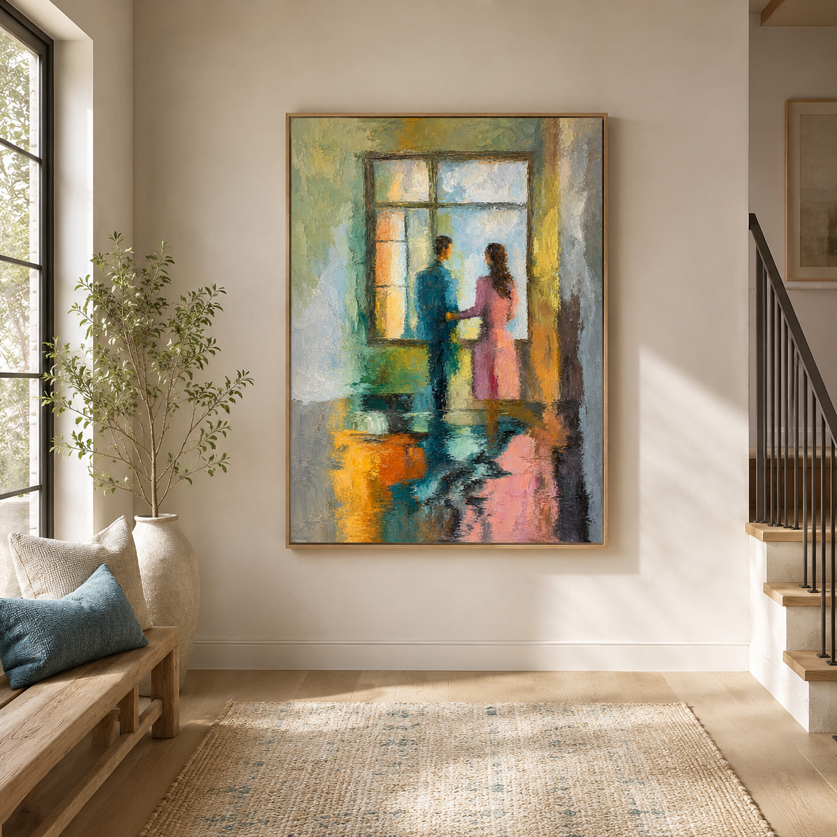 Hand-Painted Abstract Water Reflection Painting -- Modern Contemporary Wall Art Window