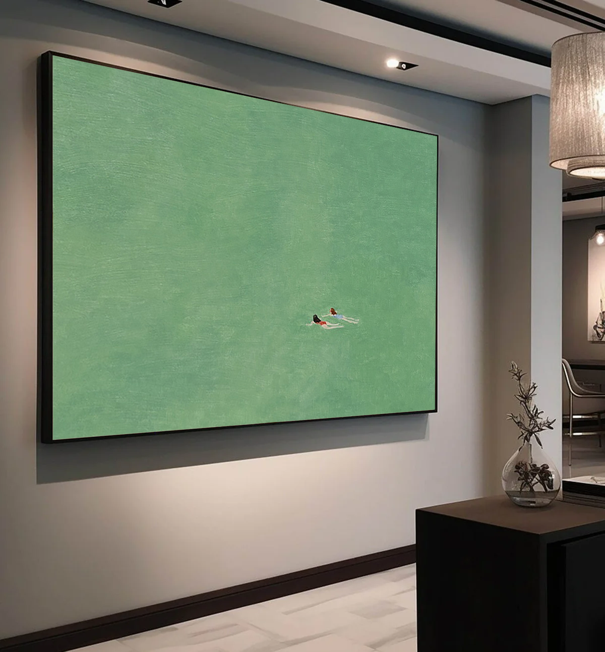 Original Summer Swim Oil Painting - Minimalist Emerald Green Water Wall Art for Home Decor