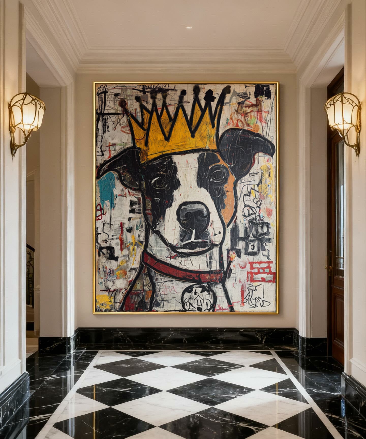 Urban King: Hand-Painted Basquiat-Style Graffiti Dog Canvas Art