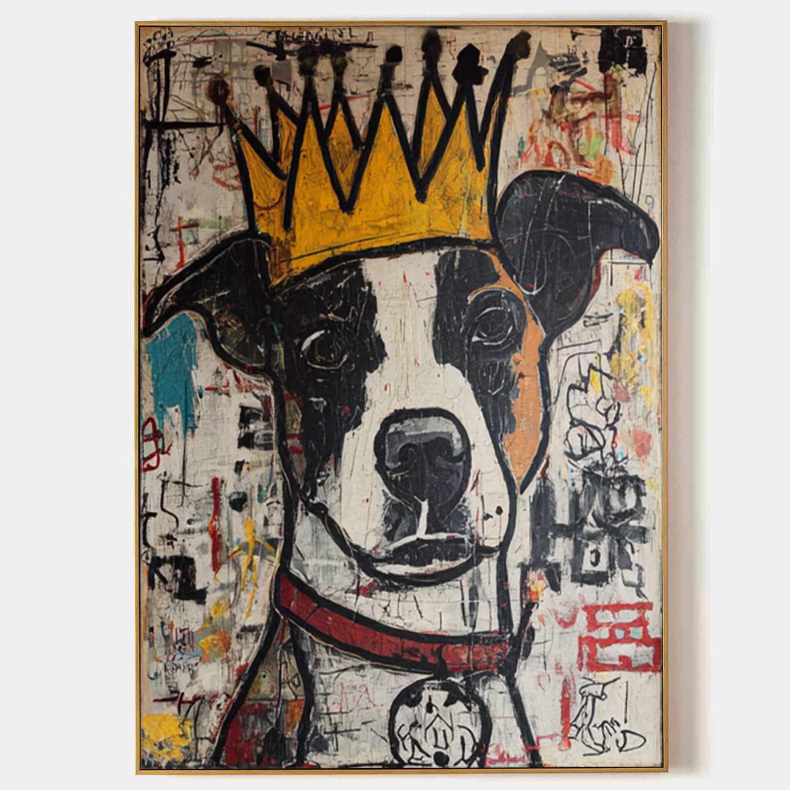 Urban King: Hand-Painted Basquiat-Style Graffiti Dog Canvas Art