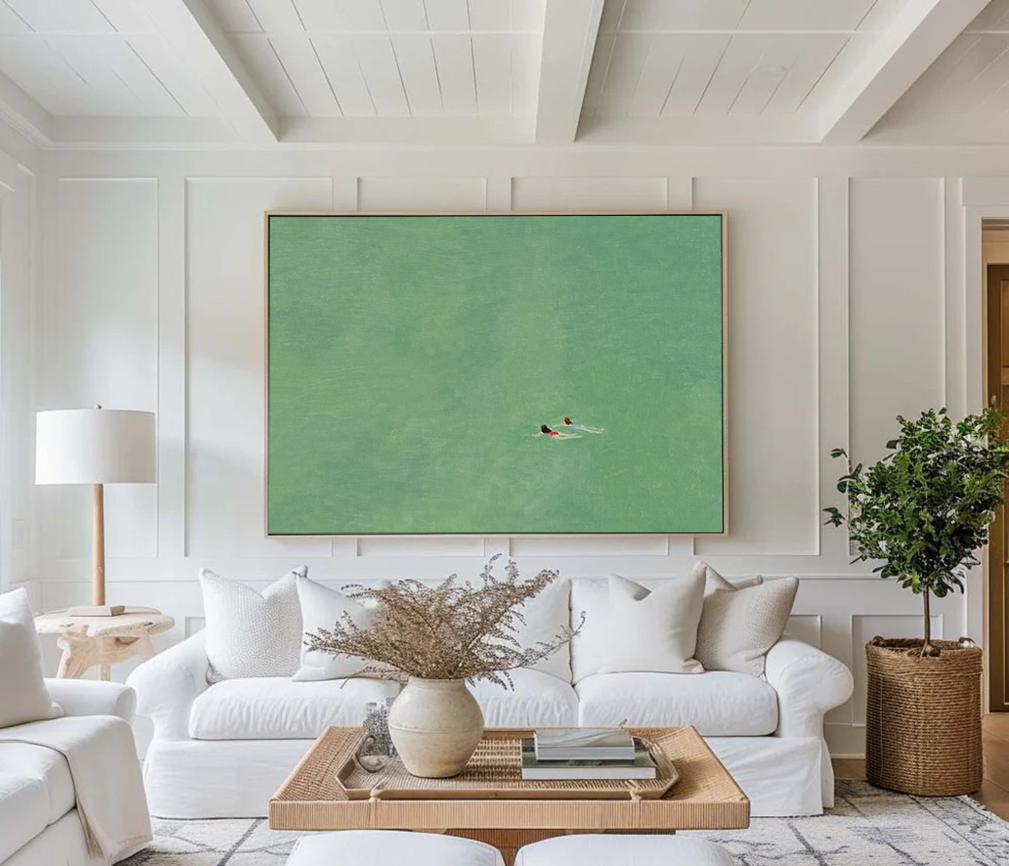 Original Summer Swim Oil Painting - Minimalist Emerald Green Water Wall Art for Home Decor