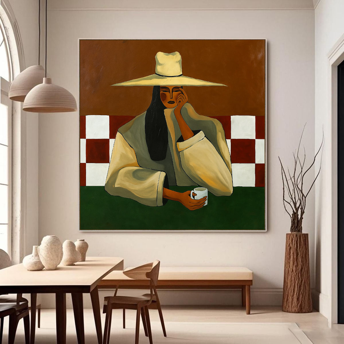 Original Modern Female Portrait Painting - Elegant Woman and Coffee Abstract Wall Art