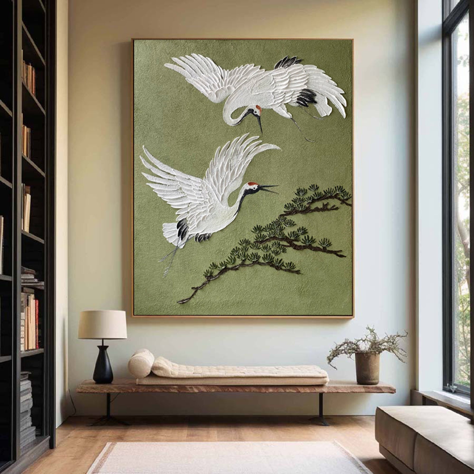 Eternal Flight -- 3D Textured Crane and Pine Original Art