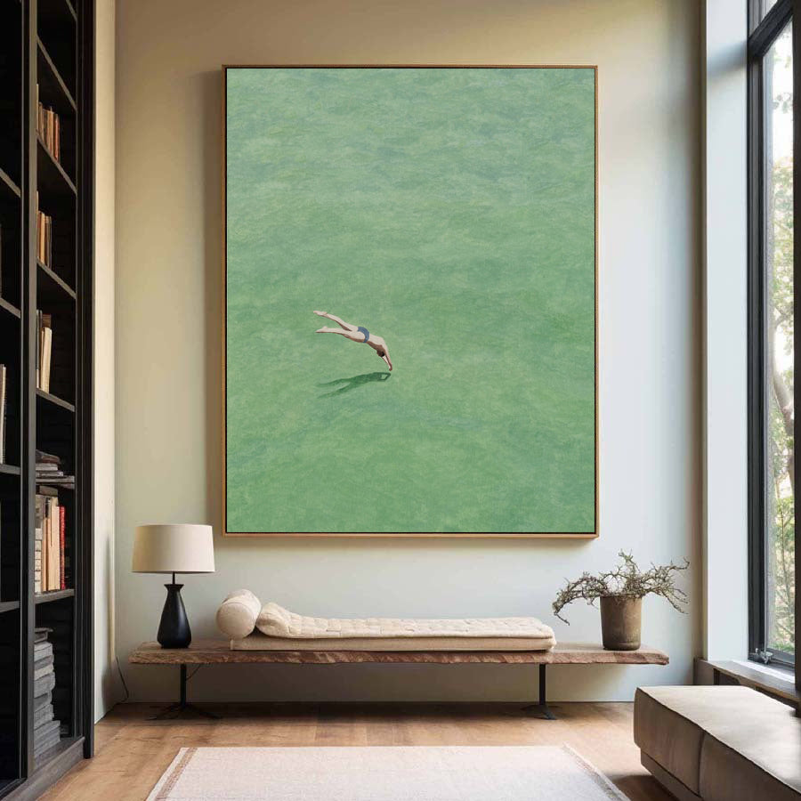 Diving into the Green" Original Swimmer Abstract Painting - Minimalist Green Wall Art for Home Decor