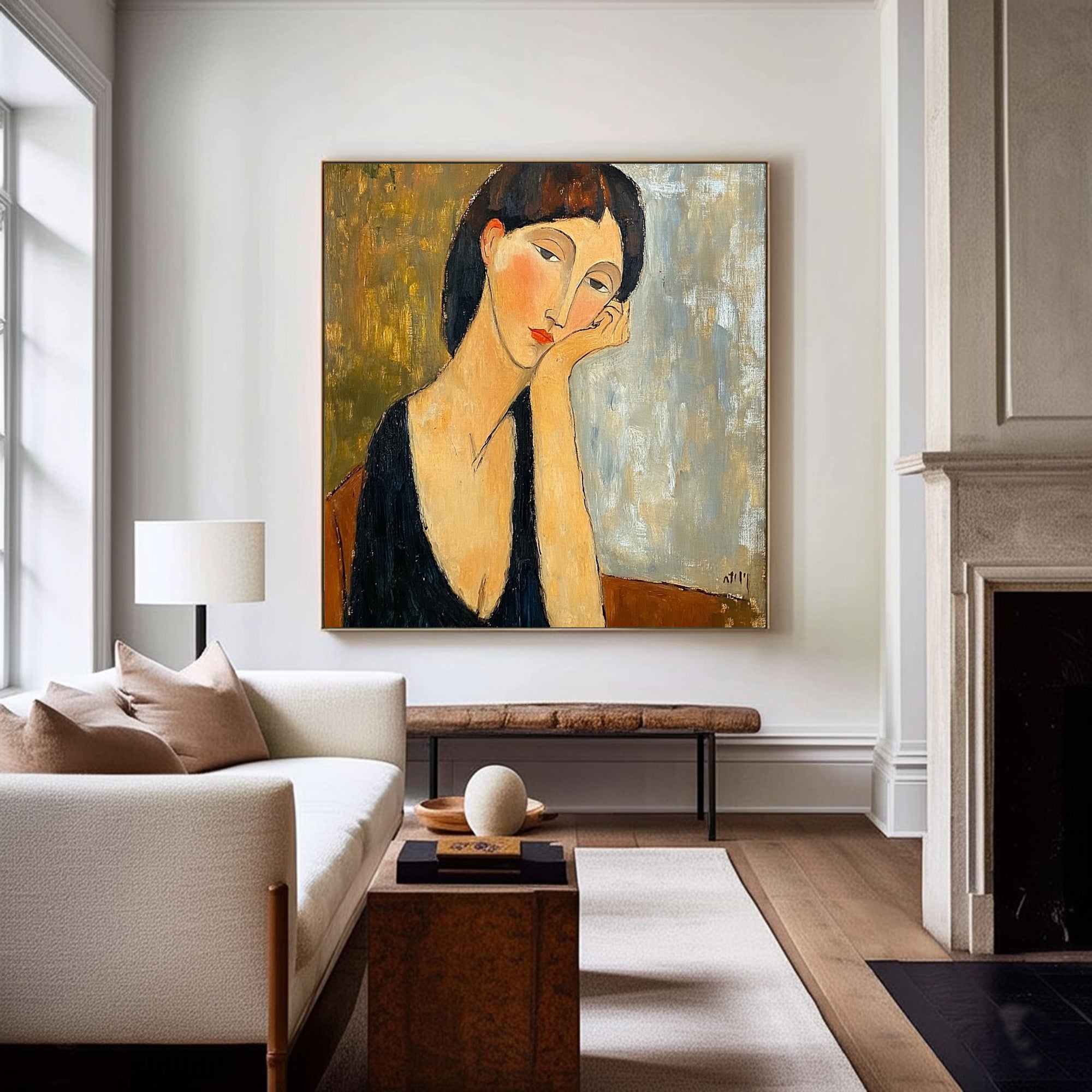 "The Pensive Muse" Original Portrait Oil Painting - Modigliani Style Hand-Painted Woman Wall Art