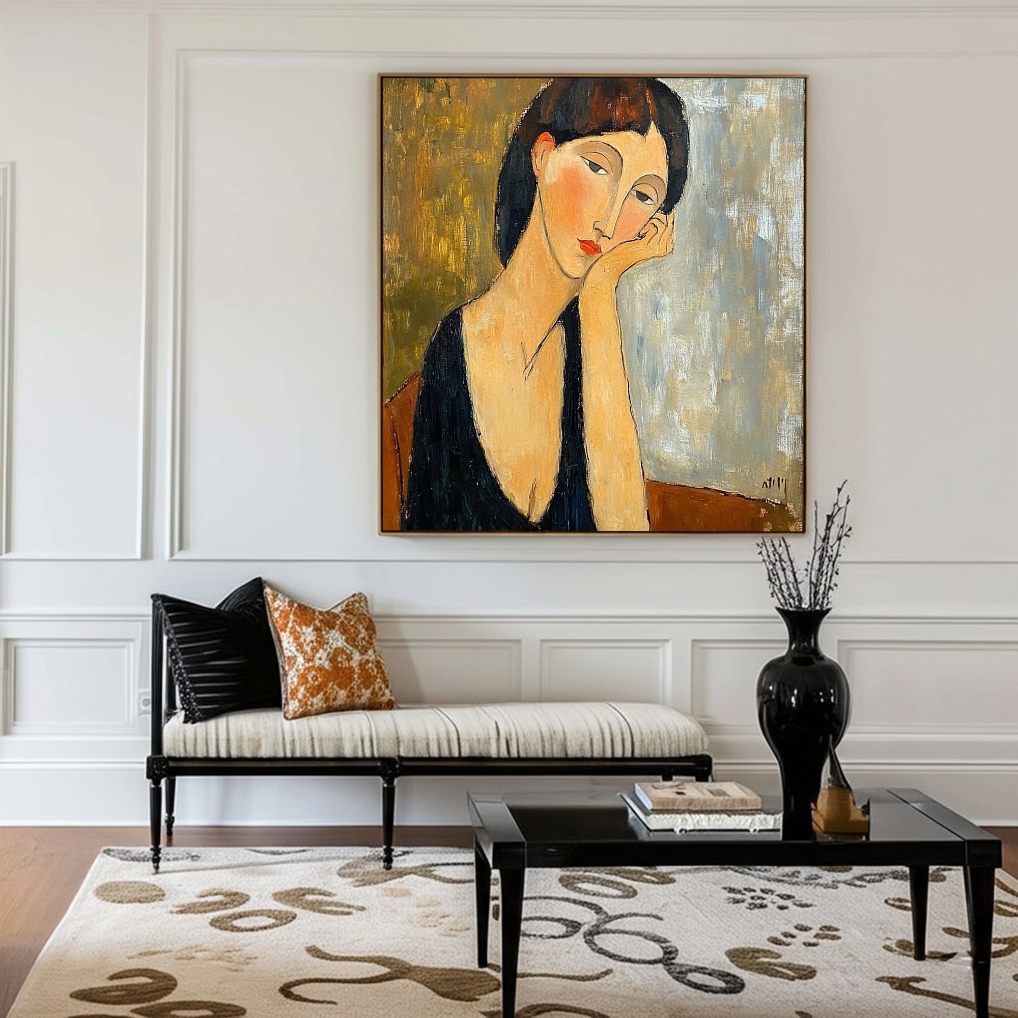 "The Pensive Muse" Original Portrait Oil Painting - Modigliani Style Hand-Painted Woman Wall Art