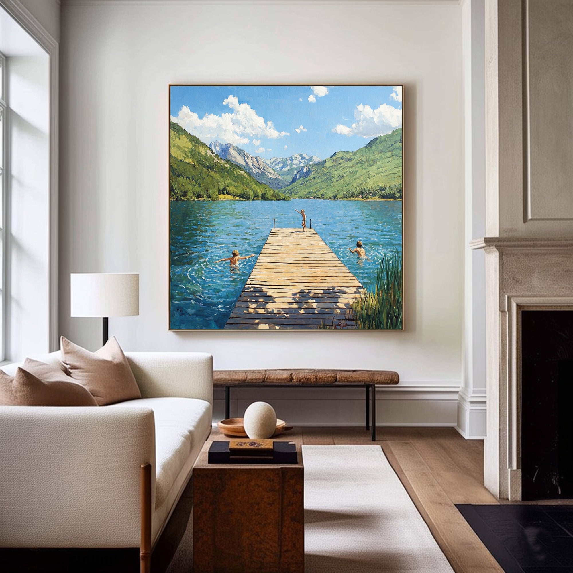 Hand-painted Impressionist Mountain Lake Oil Painting - Original Summer Landscape with Children Wall Art