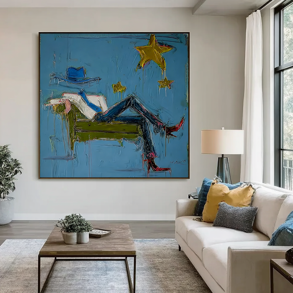 Abstract Cowboy Blue Painting, Modern Fashion Wall Art, Blue Star Canvas, Hand Painted Contemporary Glam Decor