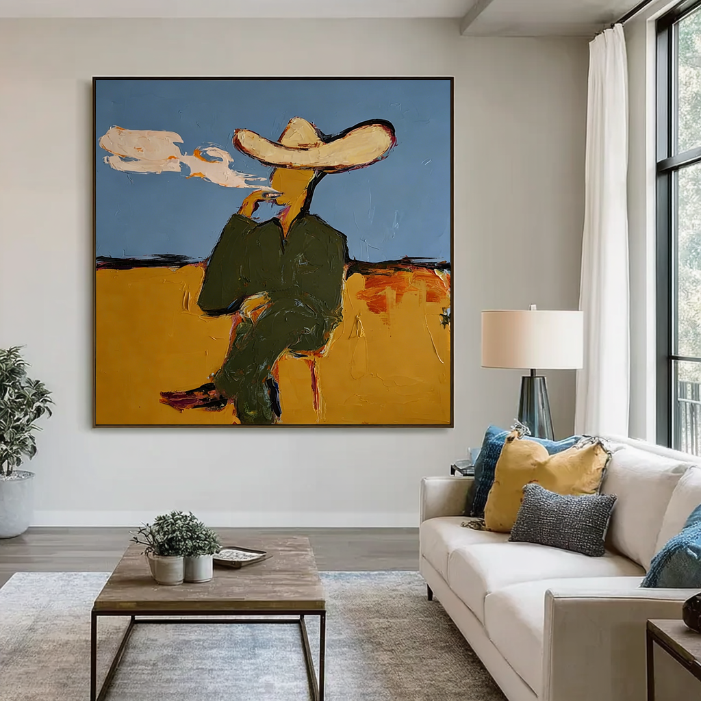 Abstract Smoking Man Painting, Modern Fashion Wall Art, Blue and Painted Contemporary Glam Decor