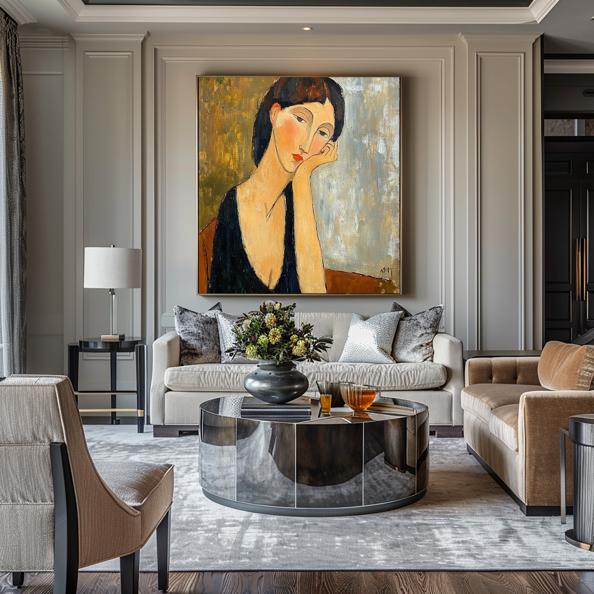 "The Pensive Muse" Original Portrait Oil Painting - Modigliani Style Hand-Painted Woman Wall Art