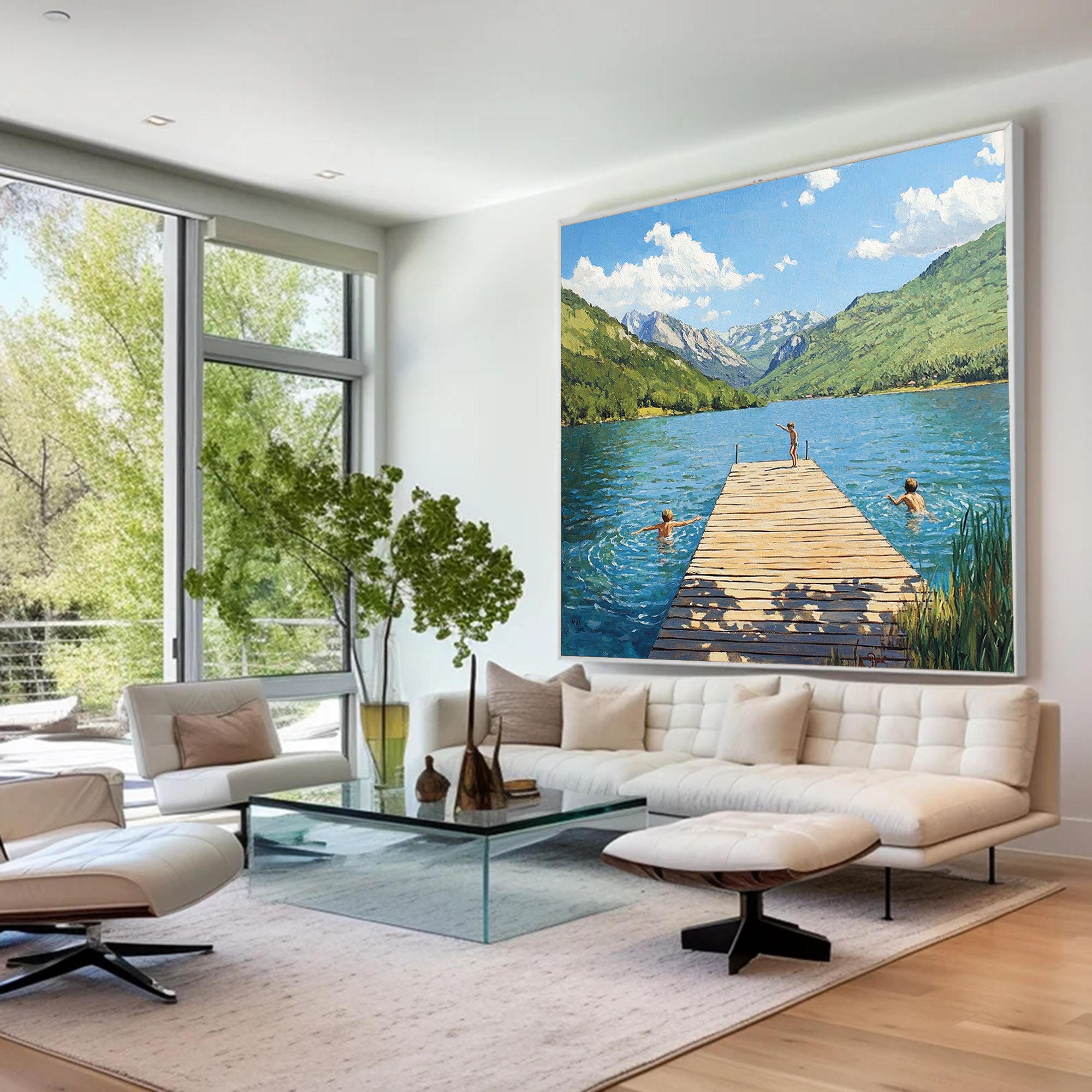 Hand-painted Impressionist Mountain Lake Oil Painting - Original Summer Landscape with Children Wall Art