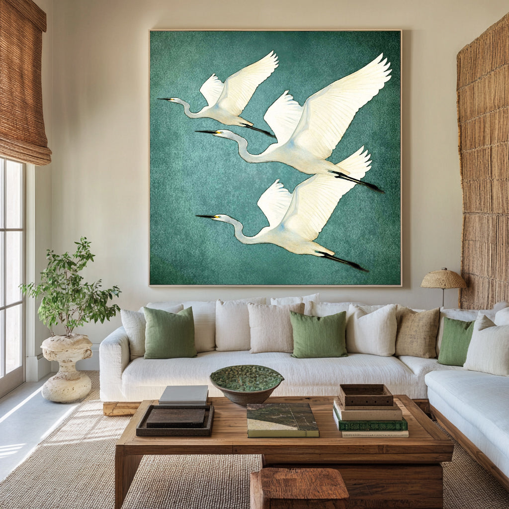 Hand Painted White Egret Birds Teal Artwork – Serene Nature Teal Textured Minimalist Wall Art