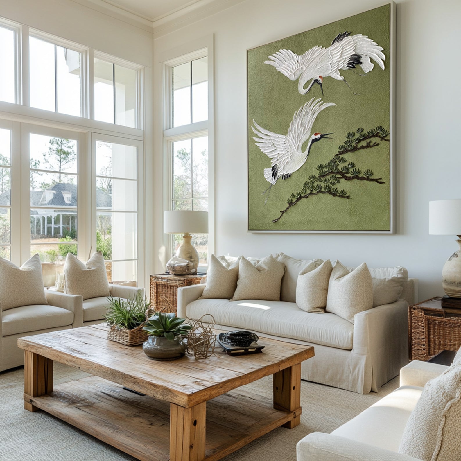 Eternal Flight -- 3D Textured Crane and Pine Original Art