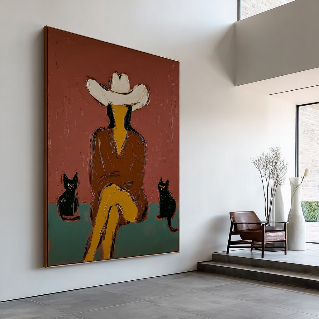 Abstract Cowgirl Painting with Black Cats, Minimalist Western Art, Hand Painted Oil Painting, Modern Rustic Wall Art, Woman in Hat Artwork