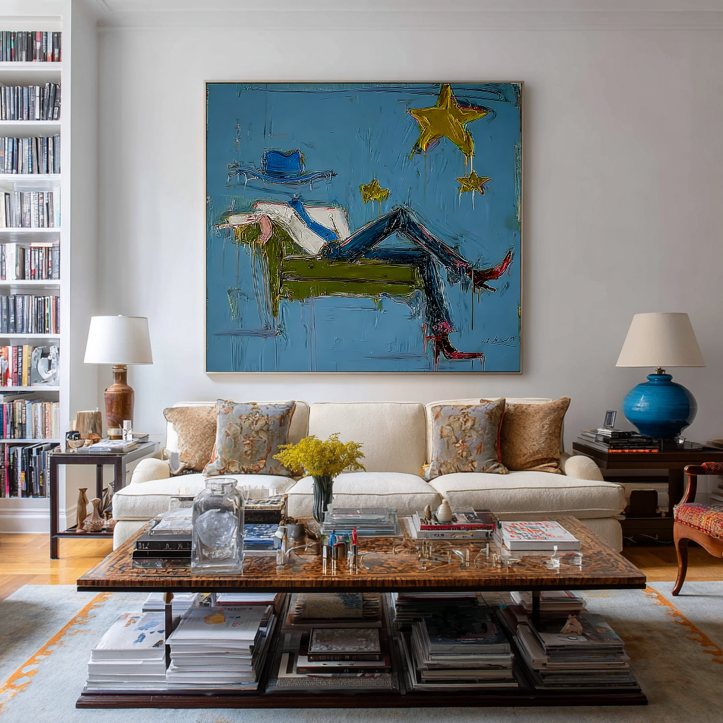 Abstract Cowboy Blue Painting, Modern Fashion Wall Art, Blue Star Canvas, Hand Painted Contemporary Glam Decor