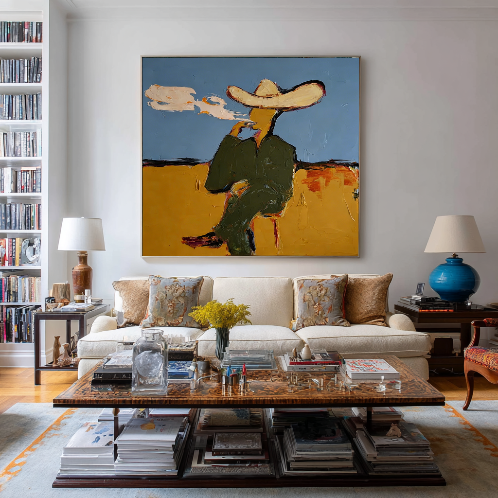 Abstract Smoking Man Painting, Modern Fashion Wall Art, Blue and Painted Contemporary Glam Decor