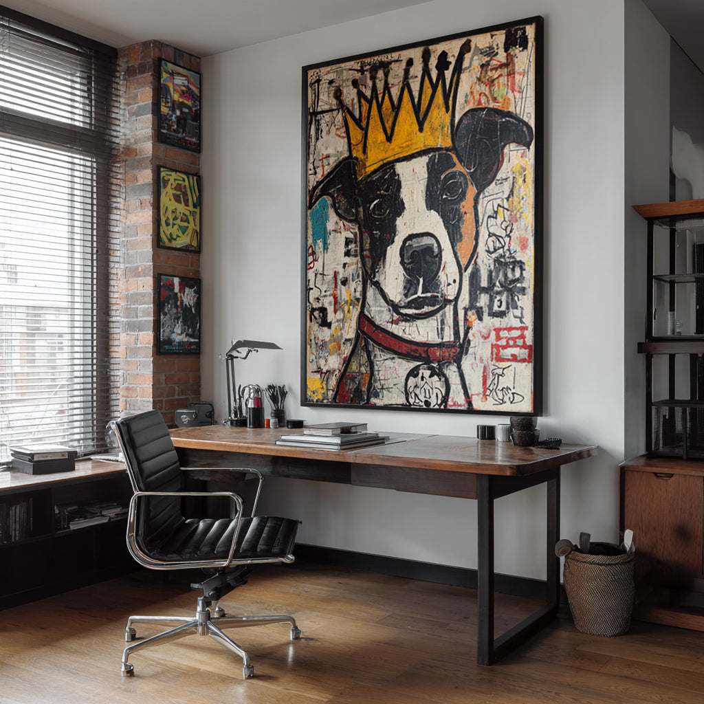 Urban King: Hand-Painted Basquiat-Style Graffiti Dog Canvas Art