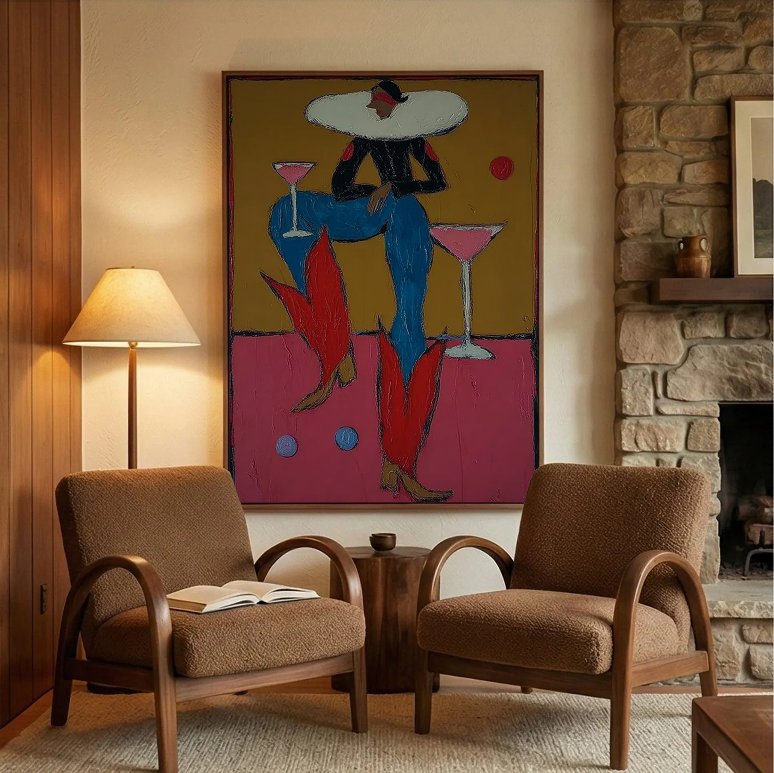 Fashion Woman with Martini Glass Painting, Hand Painted Abstract Lady Canvas, Modern Glam Wall Art, Colorful Chic Feminine Decor