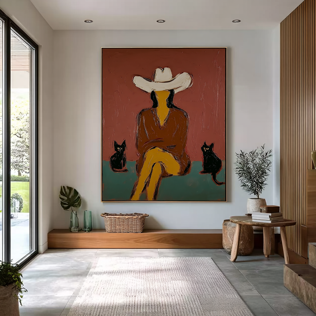 Abstract Cowgirl Painting with Black Cats, Minimalist Western Art, Hand Painted Oil Painting, Modern Rustic Wall Art, Woman in Hat Artwork