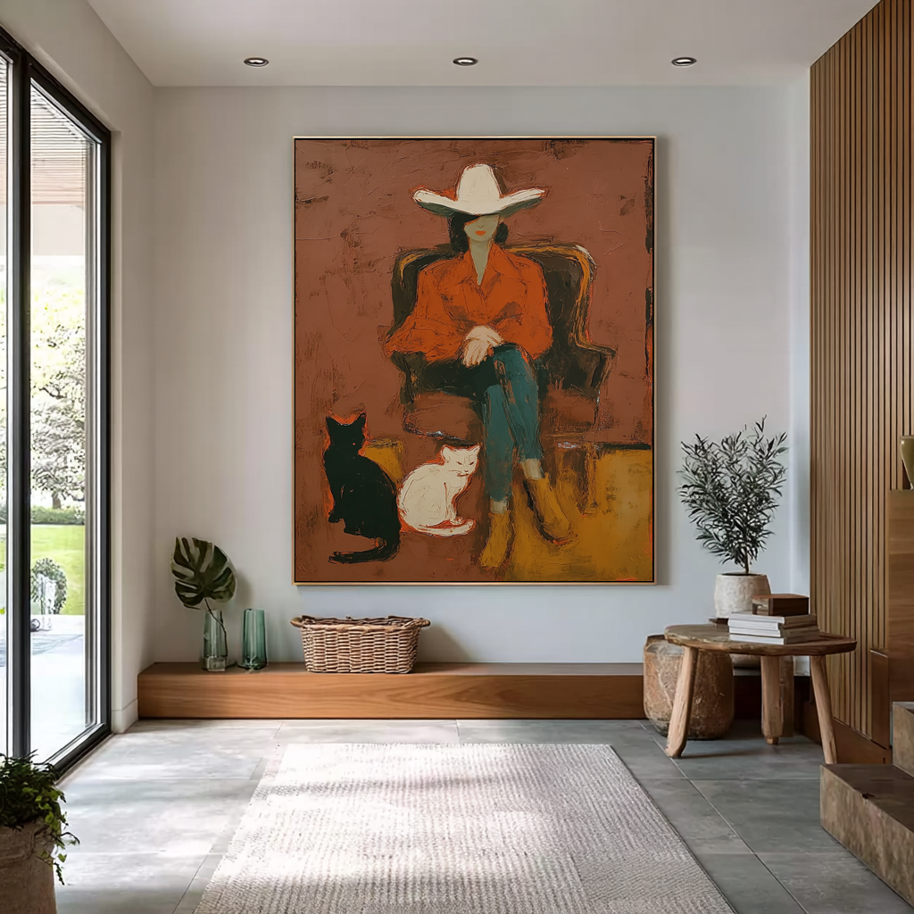 Abstract Cowgirl with Black White Cats Painting, Minimalist Western Art, Hand Painted Oil Painting, Modern Rustic Wall Art, Woman in Hat Artwork (Copy)