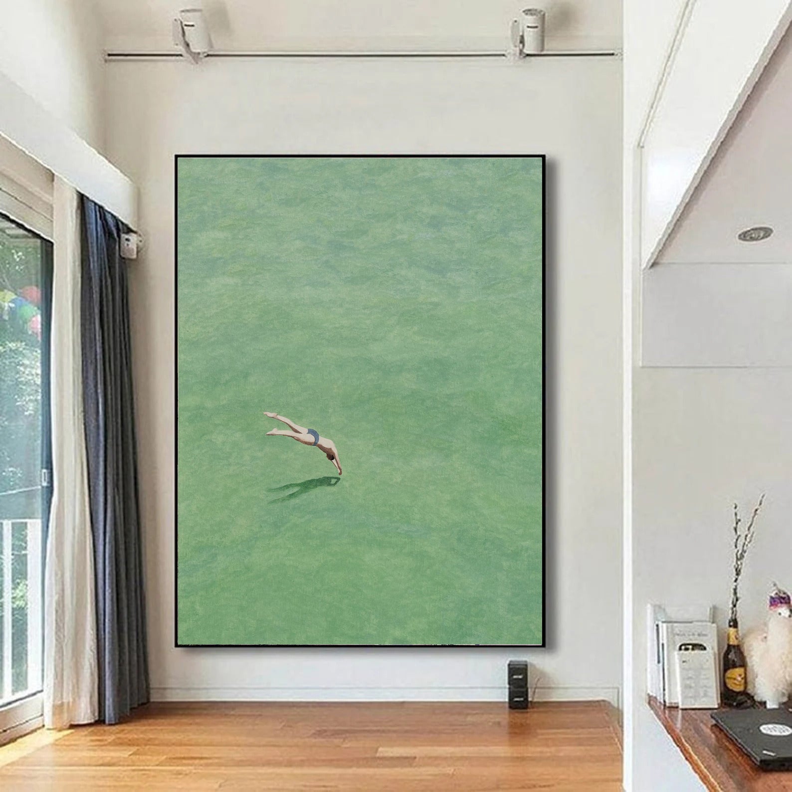 Diving into the Green" Original Swimmer Abstract Painting - Minimalist Green Wall Art for Home Decor