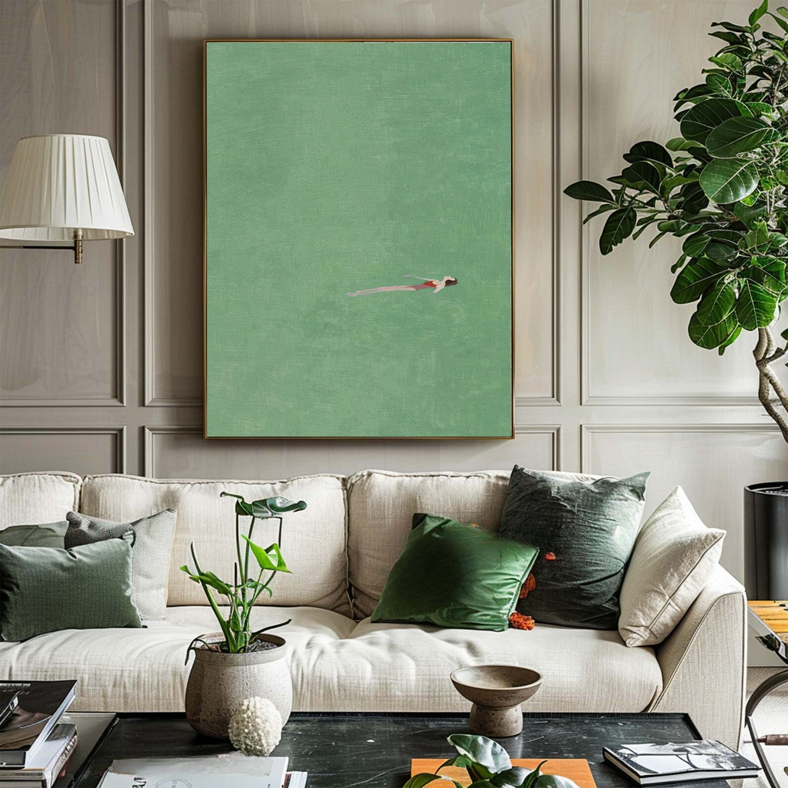 Original Summer Swimer Abstract Painting - Minimalist Emerald Green Water Wall Art for Home Decor