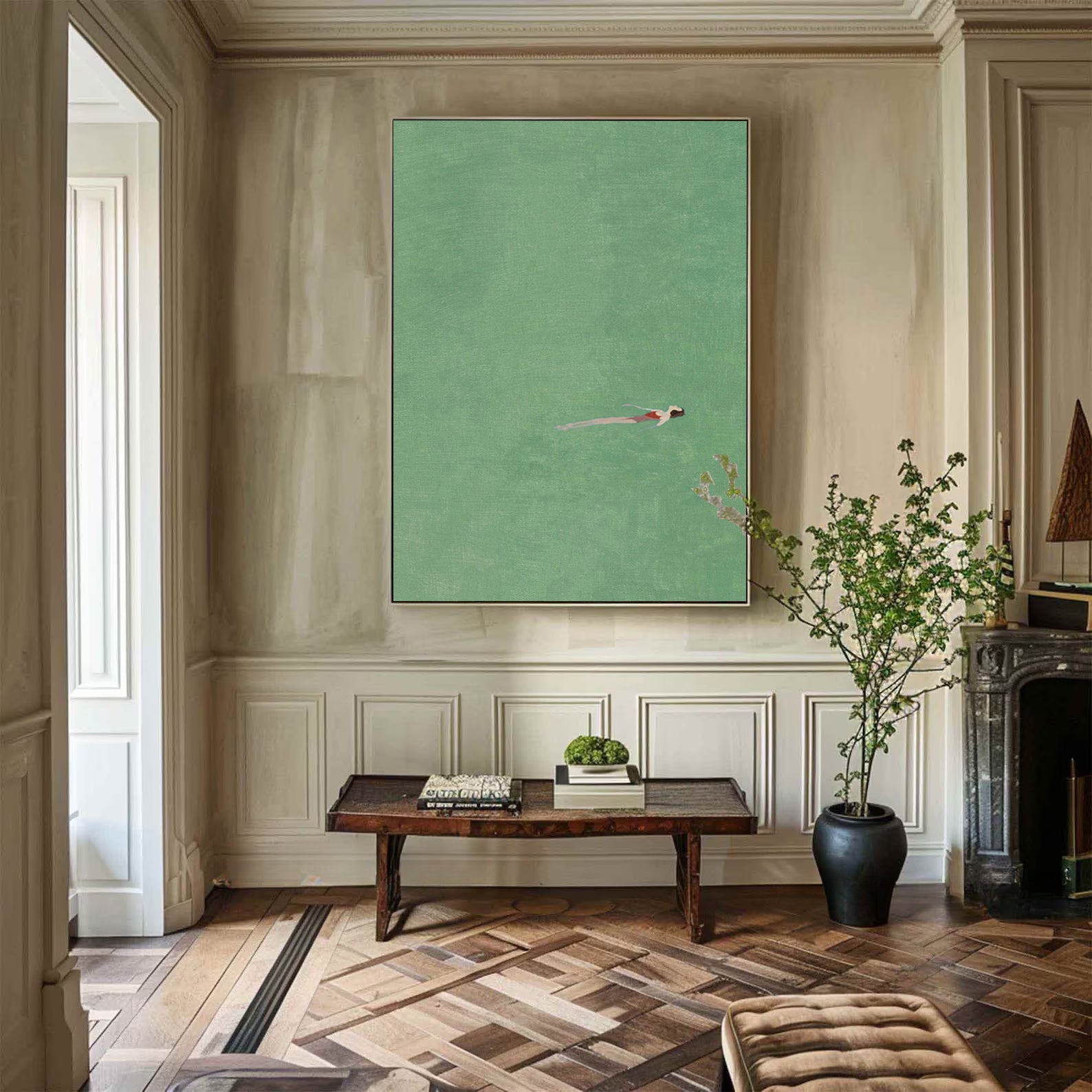 Original Summer Swimer Abstract Painting - Minimalist Emerald Green Water Wall Art for Home Decor