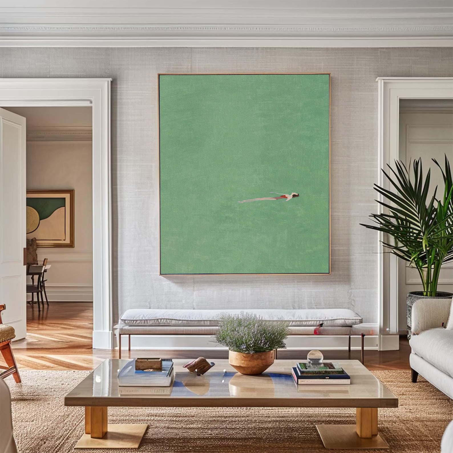 Original Summer Swimer Abstract Painting - Minimalist Emerald Green Water Wall Art for Home Decor