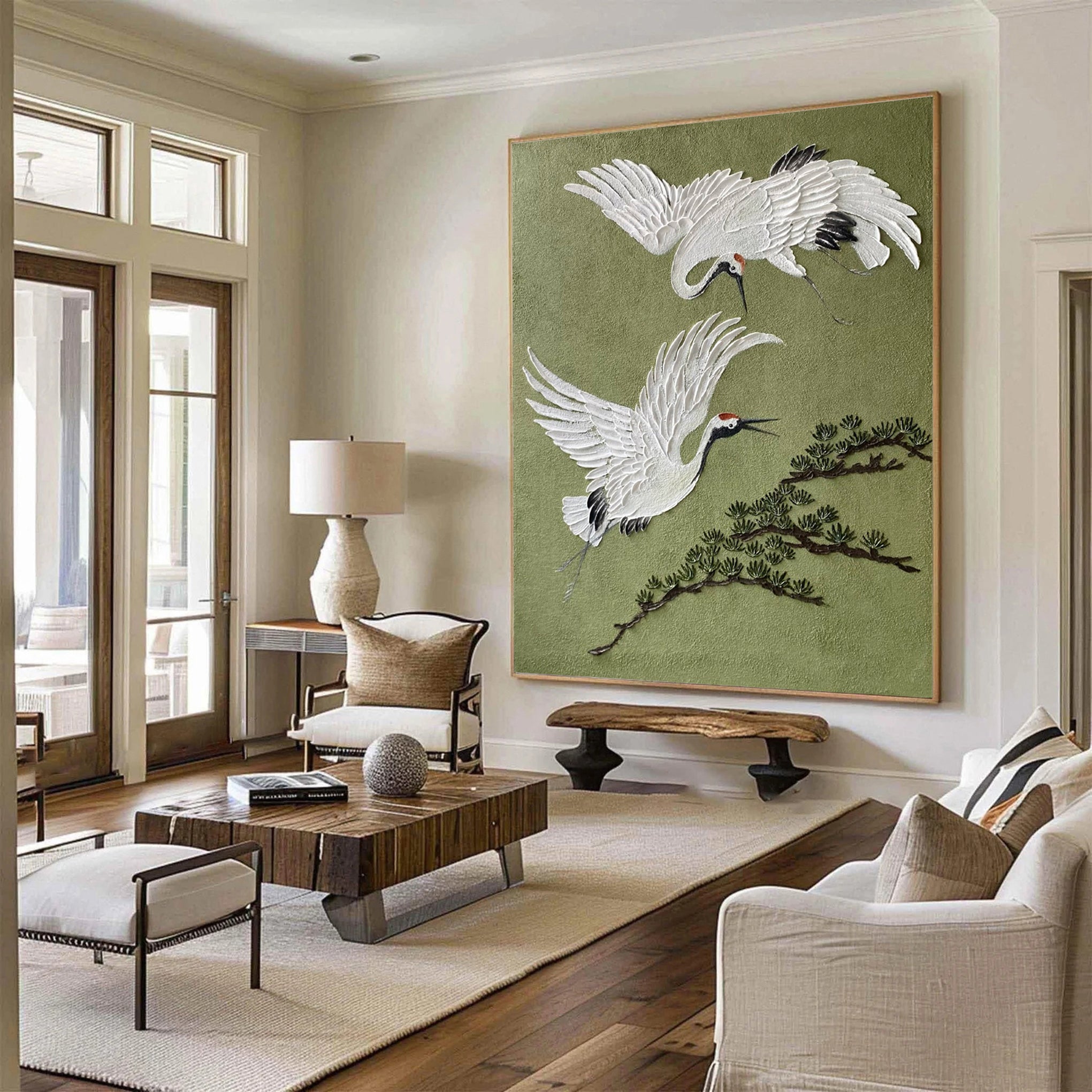 Eternal Flight -- 3D Textured Crane and Pine Original Art