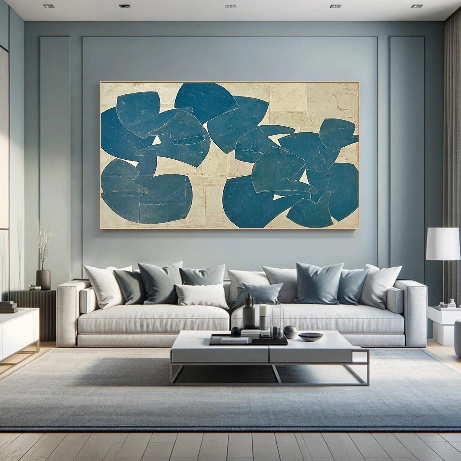 "Dancing Elves" Original Abstract Textured Painting - Modern Blue Geometric Wall Art for Minimalist Decor