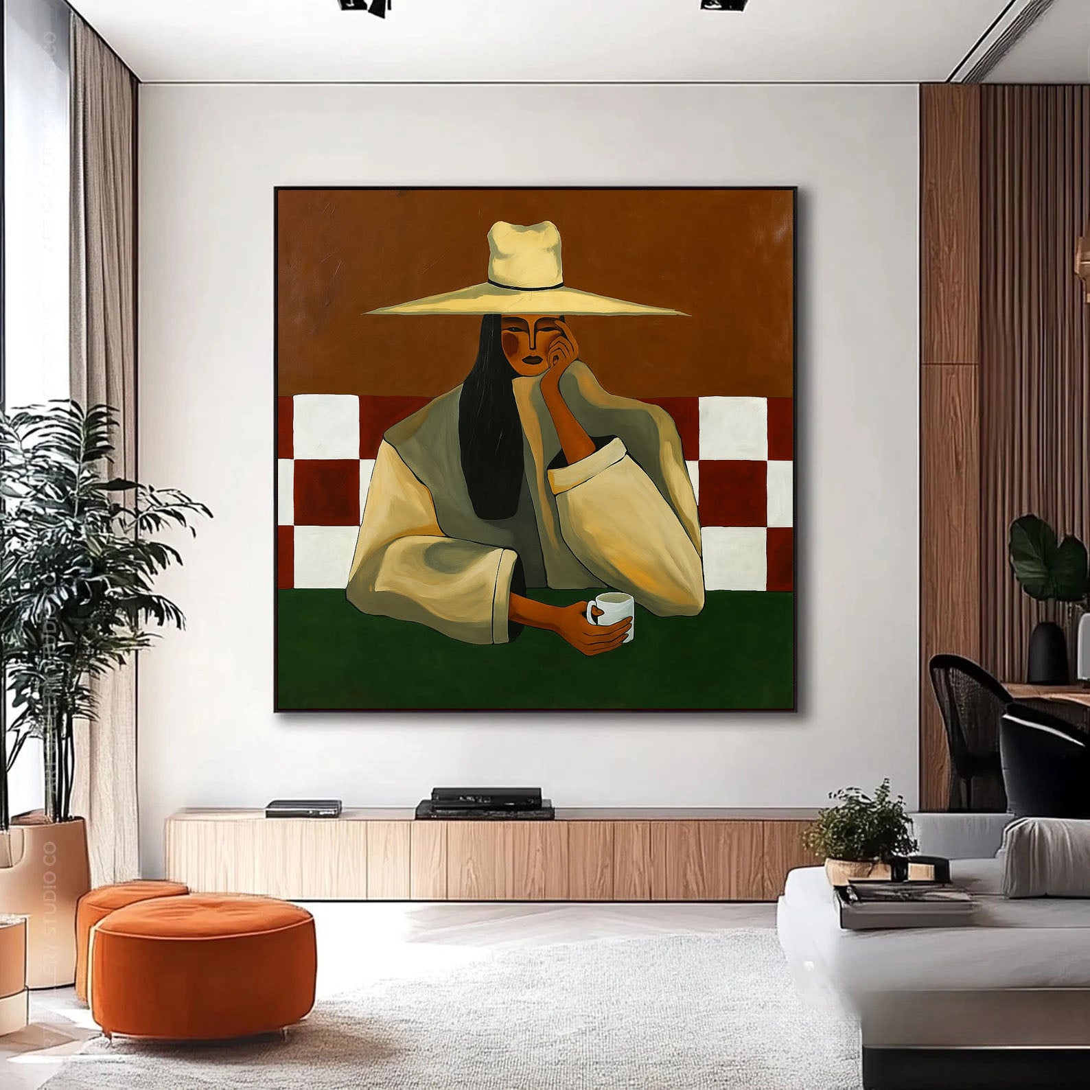 Original Modern Female Portrait Painting - Elegant Woman and Coffee Abstract Wall Art